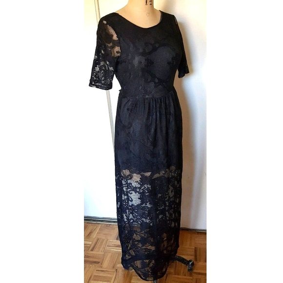 Asos maxi black full lace V back  lined dress gown 4 - Picture 4 of 11